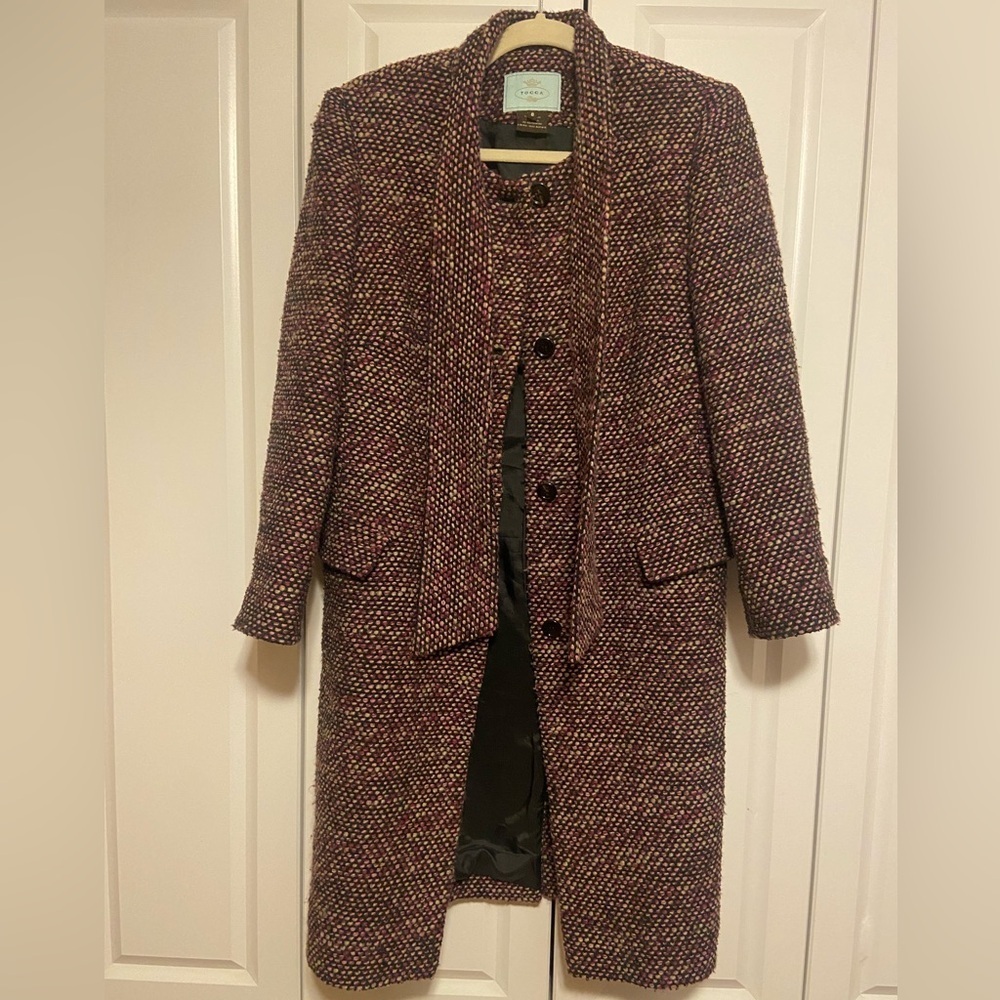 Vintage Wool-Blend Textured Longline Coat Built-in Scarf | Bouclé Sz 6 - Picture 2 of 13